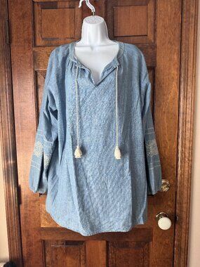J. Jill Denim Blue Pullover Tunic w/Self-Tie & Long Sleeves w/Embroidered Accent
